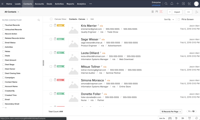 Contacts managing contact click